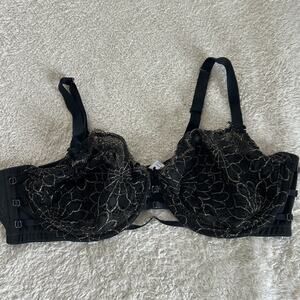 Cacique Bra 44DD Black Gold Lace Unlined Balconette Underwire Adjustable Strappy